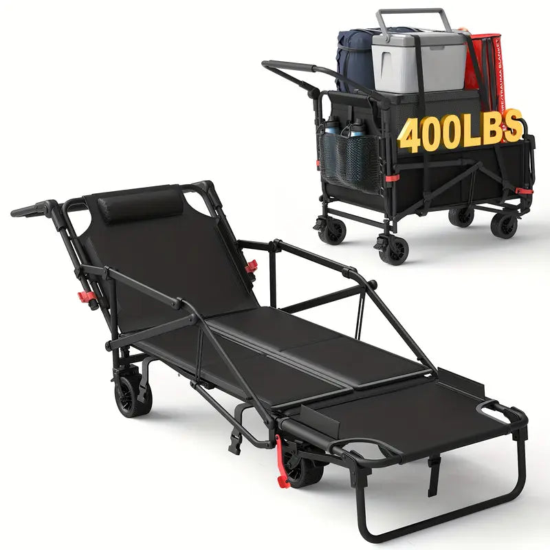 2-in-1 Multifunctional Folding Wagon Car, Convertible Beach Chair, 650LBS Large Capacity Wagon Car, Foldable Portable Grocery Wagon Car, Adjustable Backrest, All Terrain Travel Wagon Car Suitable for Grocery, Sports, Garden Shopping And Camping