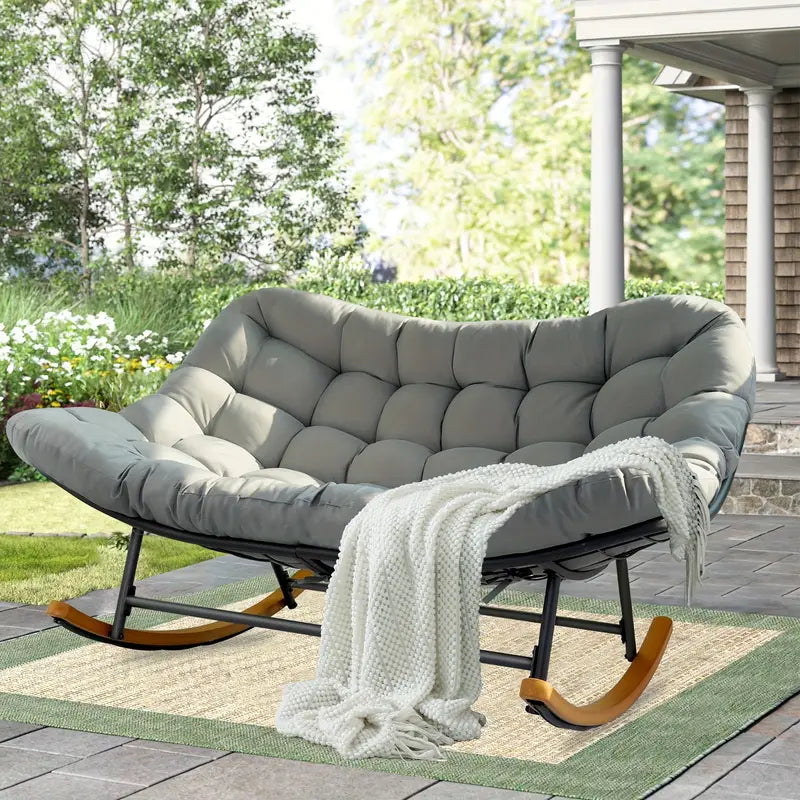 Rocking Chair Outdoor, Oversized Patio Furniture With Big Cushion, Manual Recliner, Painted Steel Frame, Cotton Filled, Perfect For Relaxing On Hard Floor, Rocking Chair On .