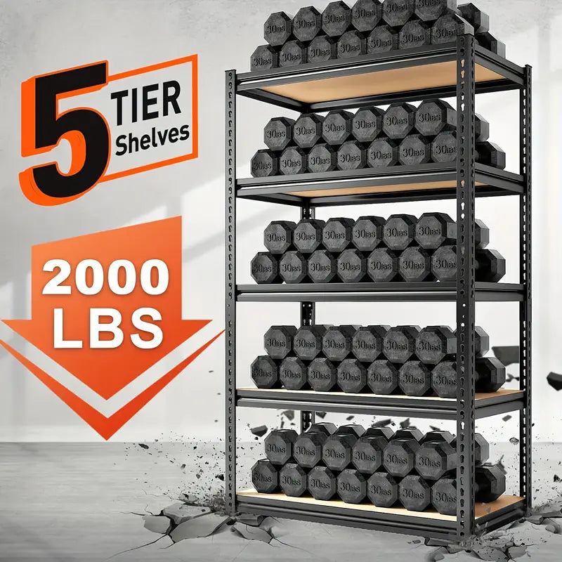 REIBII 3000LBS Heavy Duty Garage Shelving Unit - 72" H Adjustable 5-Tier Metal Storage Shelves, 600LB Capacity Per Tier, Easy 10-Min Assembly with Mallet & Gloves, Industrial Floor-Standing Rack
