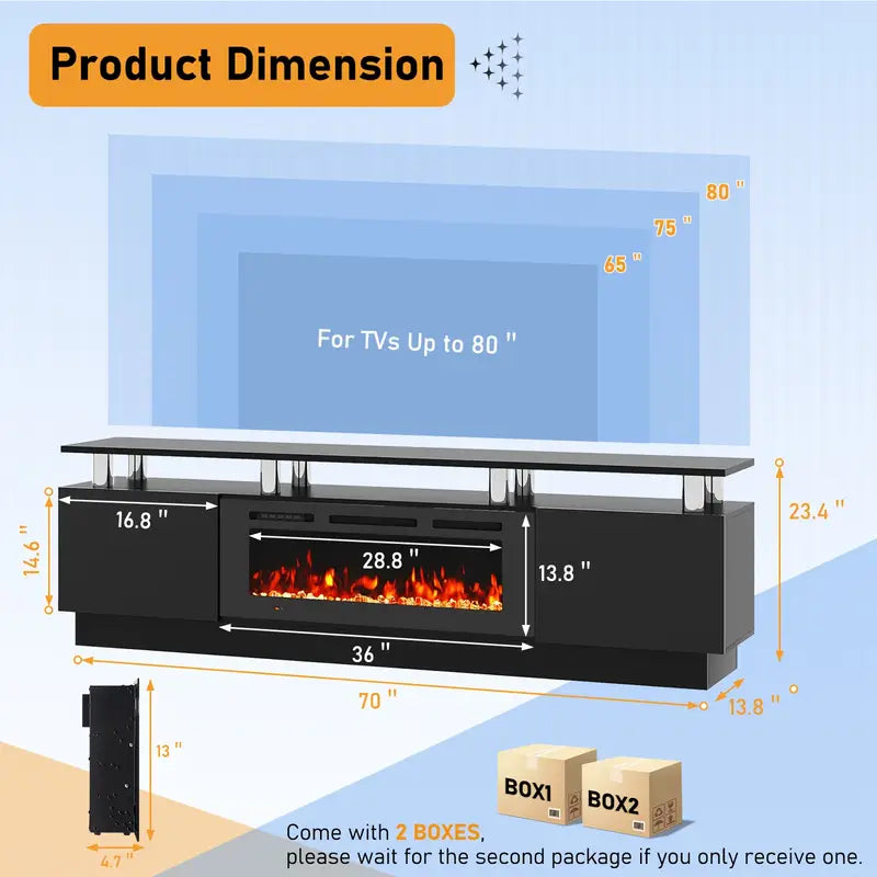 36" Electric Fireplace TV Stand with LED Lights - Modern High-Gloss Black Entertainment Center, Sturdy Stainless Steel & Engineered Wood, Closed Storage for TVs Up to 80", CSA/ETL Certified Heater with Overheat Protection