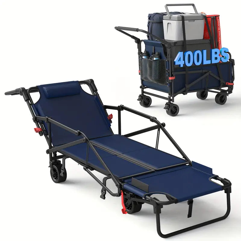 2-in-1 Multifunctional Folding Wagon Car, Convertible Beach Chair, 650LBS Large Capacity Wagon Car, Foldable Portable Grocery Wagon Car, Adjustable Backrest, All Terrain Travel Wagon Car Suitable for Grocery, Sports, Garden Shopping And Camping