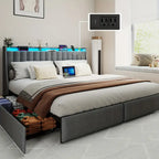 Full Queen King Bed Frame with 2 Storage Drawers And Luxury Wingback Upholstered Button Tufted Storage Headboard, Charging Station, Storage Headboard & LED Lights, Noise-Free-Dark Gray