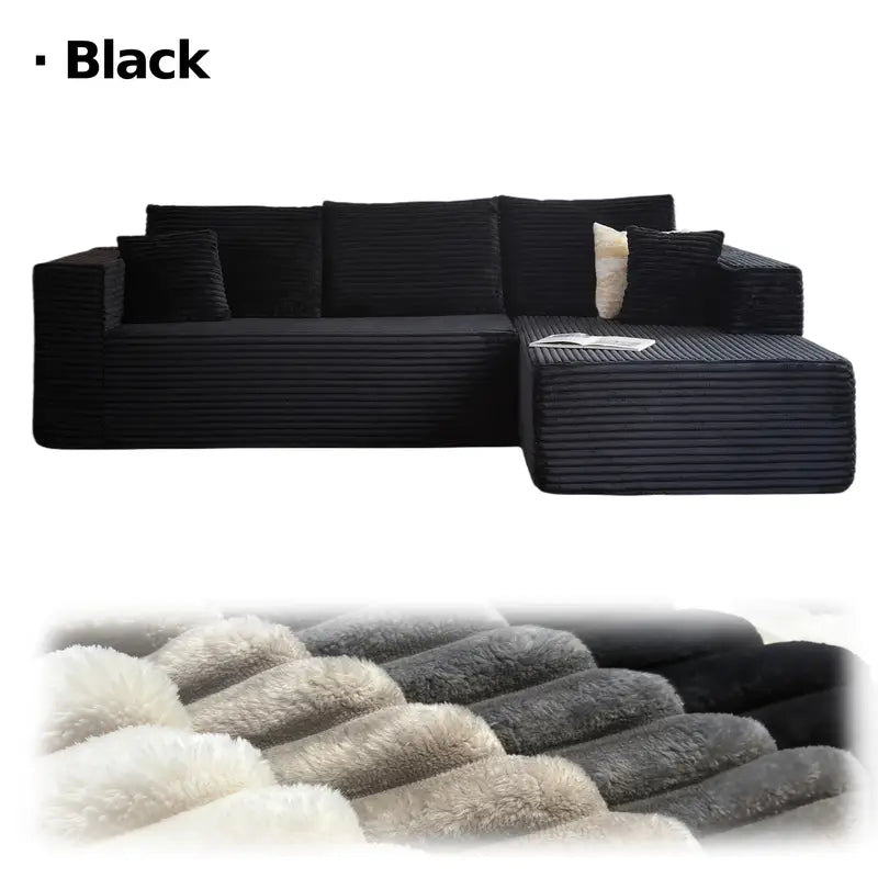 LIAROO Oversized L-Shaped Sectional Sofa with Chaise Lounge - Modular Cloud Design, Plush Corduroy Upholstery, Memory Foam Cushions & Boneless Construction, No Assembly Required, Black Contemporary Living Room Couch for Large Spaces
