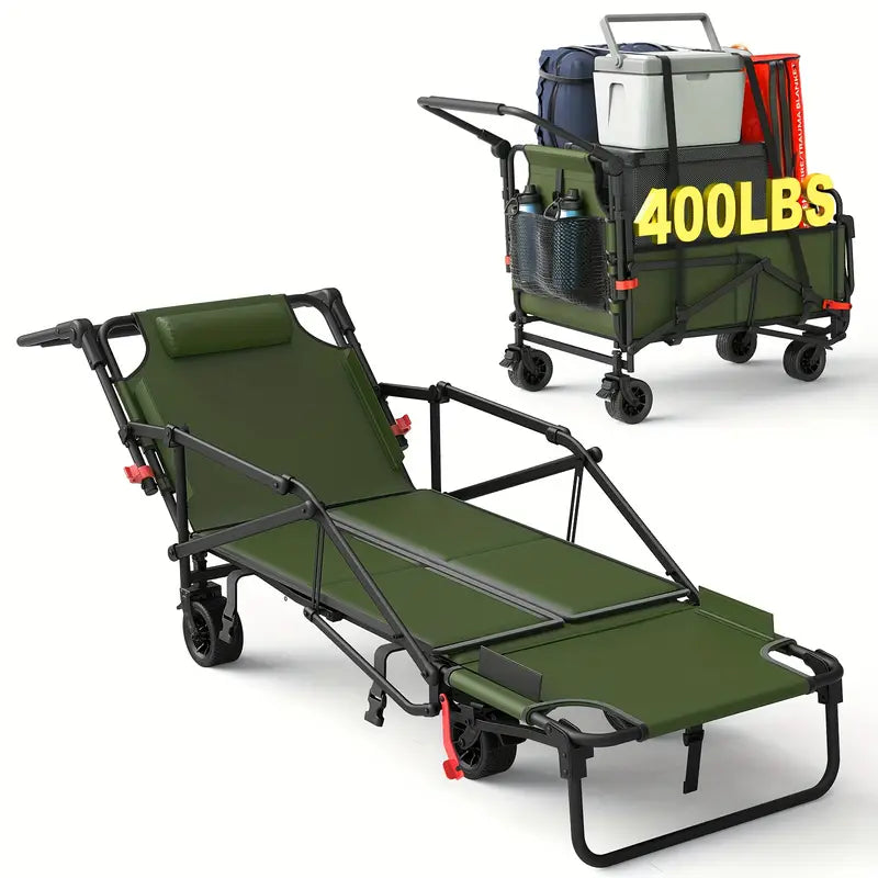 2-in-1 Multifunctional Folding Wagon Car, Convertible Beach Chair, 650LBS Large Capacity Wagon Car, Foldable Portable Grocery Wagon Car, Adjustable Backrest, All Terrain Travel Wagon Car Suitable for Grocery, Sports, Garden Shopping And Camping