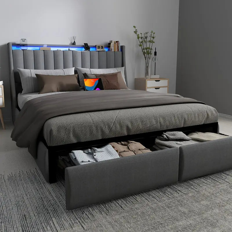 Full Queen King Bed Frame with 2 Storage Drawers And Luxury Wingback Upholstered Button Tufted Storage Headboard, Charging Station, Storage Headboard & LED Lights, Noise-Free-Dark Gray