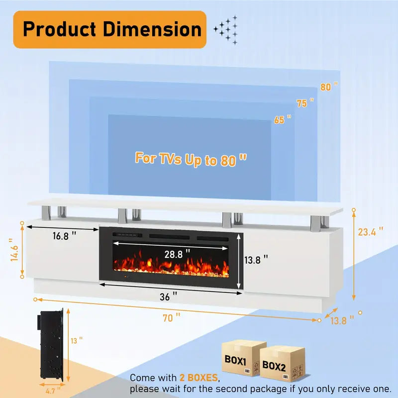 36" Electric Fireplace TV Stand with LED Lights - Modern High-Gloss Black Entertainment Center, Sturdy Stainless Steel & Engineered Wood, Closed Storage for TVs Up to 80", CSA/ETL Certified Heater with Overheat Protection