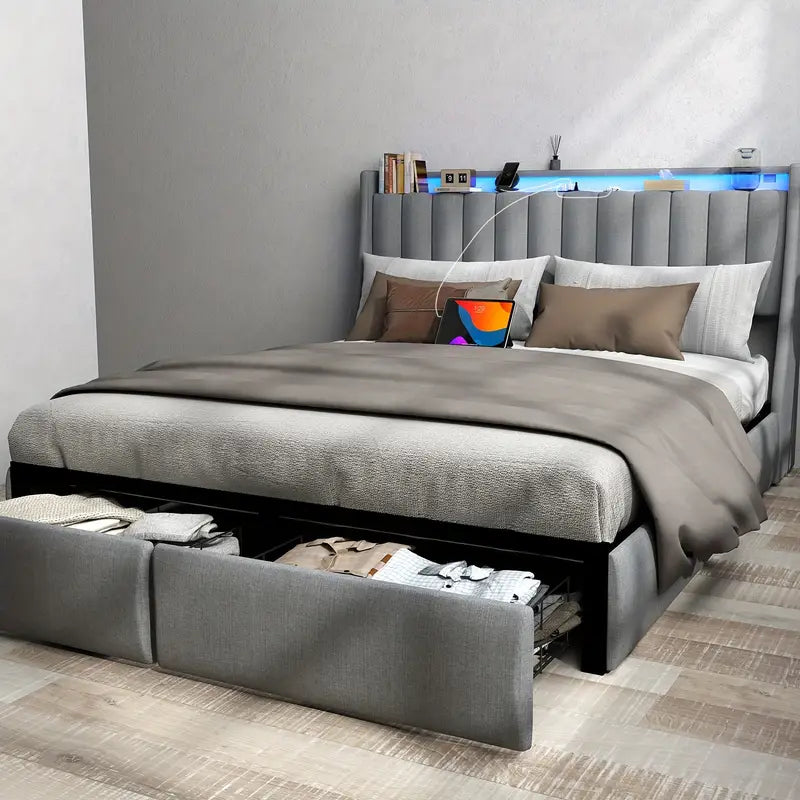 Full Queen King Bed Frame with 2 Storage Drawers And Luxury Wingback Upholstered Button Tufted Storage Headboard, Charging Station, Storage Headboard & LED Lights, Noise-Free-Dark Gray