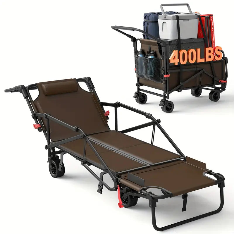2-in-1 Multifunctional Folding Wagon Car, Convertible Beach Chair, 650LBS Large Capacity Wagon Car, Foldable Portable Grocery Wagon Car, Adjustable Backrest, All Terrain Travel Wagon Car Suitable for Grocery, Sports, Garden Shopping And Camping