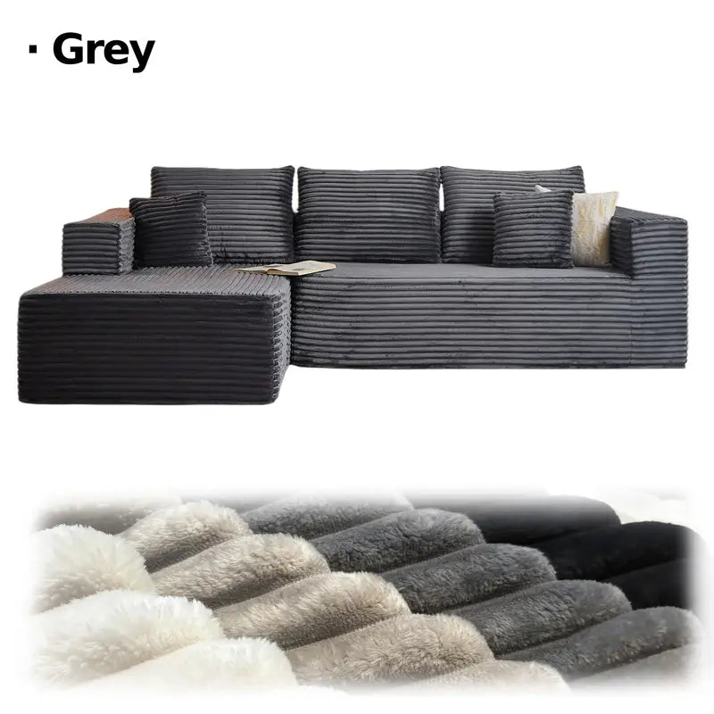 LIAROO Oversized L-Shaped Sectional Sofa with Chaise Lounge - Modular Cloud Design, Plush Corduroy Upholstery, Memory Foam Cushions & Boneless Construction, No Assembly Required, Black Contemporary Living Room Couch for Large Spaces