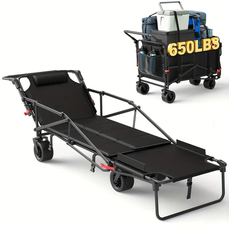 2-in-1 Multifunctional Folding Wagon Car, Convertible Beach Chair, 650LBS Large Capacity Wagon Car, Foldable Portable Grocery Wagon Car, Adjustable Backrest, All Terrain Travel Wagon Car Suitable for Grocery, Sports, Garden Shopping And Camping