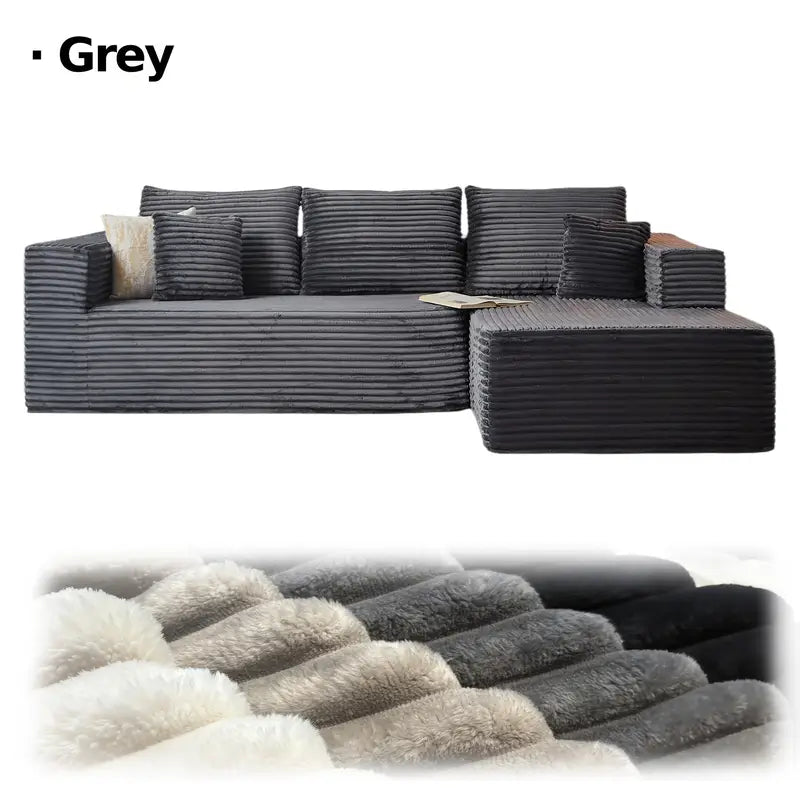 LIAROO Oversized L-Shaped Sectional Sofa with Chaise Lounge - Modular Cloud Design, Plush Corduroy Upholstery, Memory Foam Cushions & Boneless Construction, No Assembly Required, Black Contemporary Living Room Couch for Large Spaces