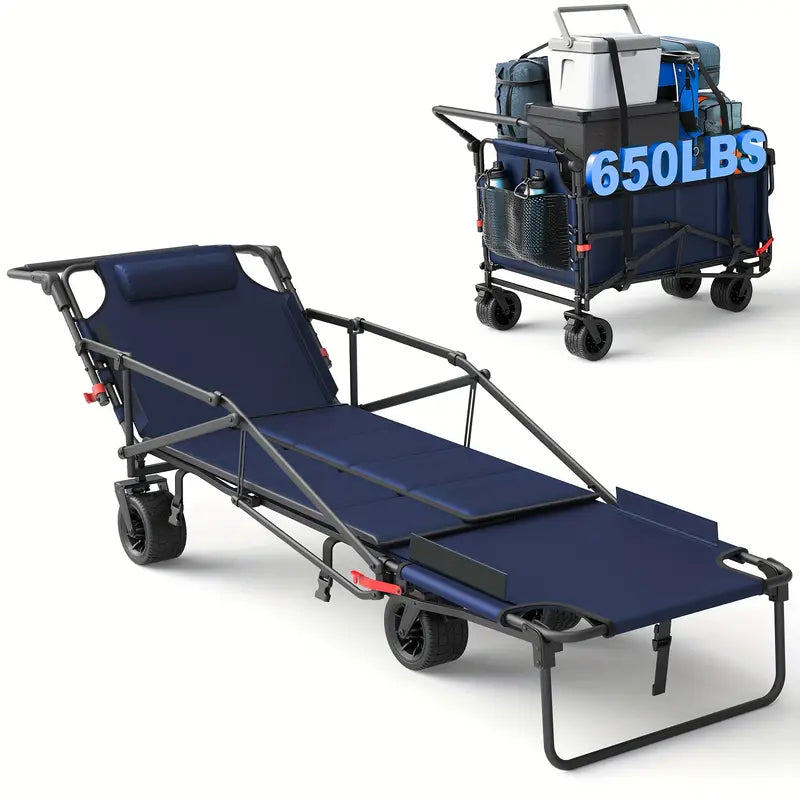 2-in-1 Multifunctional Folding Wagon Car, Convertible Beach Chair, 650LBS Large Capacity Wagon Car, Foldable Portable Grocery Wagon Car, Adjustable Backrest, All Terrain Travel Wagon Car Suitable for Grocery, Sports, Garden Shopping And Camping