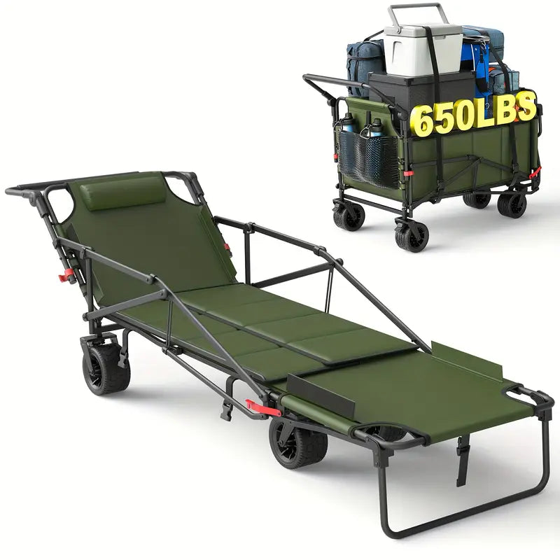 2-in-1 Multifunctional Folding Wagon Car, Convertible Beach Chair, 650LBS Large Capacity Wagon Car, Foldable Portable Grocery Wagon Car, Adjustable Backrest, All Terrain Travel Wagon Car Suitable for Grocery, Sports, Garden Shopping And Camping