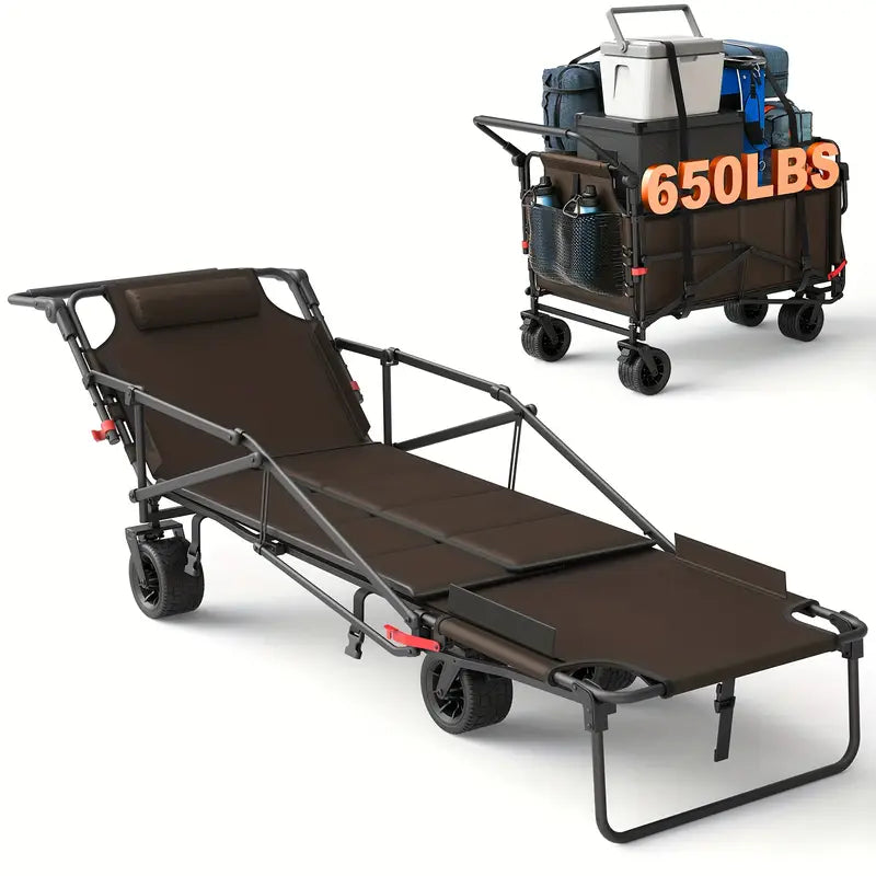 2-in-1 Multifunctional Folding Wagon Car, Convertible Beach Chair, 650LBS Large Capacity Wagon Car, Foldable Portable Grocery Wagon Car, Adjustable Backrest, All Terrain Travel Wagon Car Suitable for Grocery, Sports, Garden Shopping And Camping