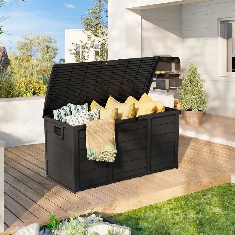 [Outdoor Storage Box] 75 Gallon Resin Outdoor Storage Box with Handles, Deck Storage Container with Handles for Pool Accessories, Garden Tools, Camping Gear, Easy to Assemble, Box,Cabinet,Rack for Outdoor Storage