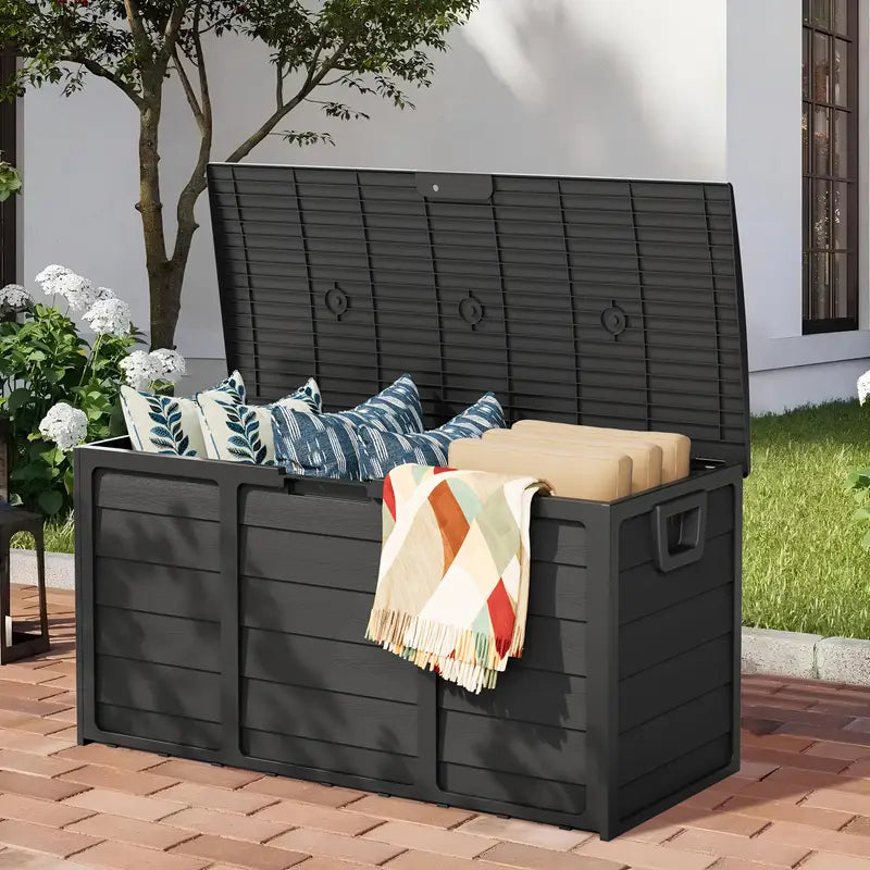 [Outdoor Storage Box] 75 Gallon Resin Outdoor Storage Box with Handles, Deck Storage Container with Handles for Pool Accessories, Garden Tools, Camping Gear, Easy to Assemble, Box,Cabinet,Rack for Outdoor Storage