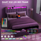 Full Queen King Bed Frame with 2 Storage Drawers And Luxury Wingback Upholstered Button Tufted Storage Headboard, Charging Station, Storage Headboard & LED Lights, Noise-Free-Dark Gray