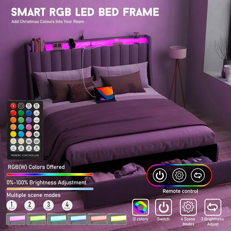 Full Queen King Bed Frame with 2 Storage Drawers And Luxury Wingback Upholstered Button Tufted Storage Headboard, Charging Station, Storage Headboard & LED Lights, Noise-Free-Dark Gray