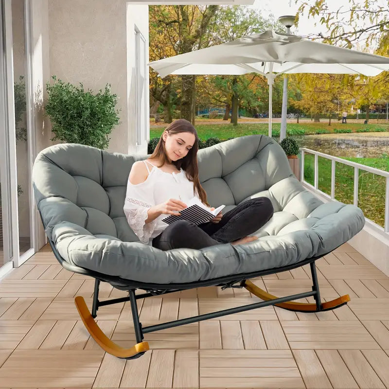 Rocking Chair Outdoor, Oversized Patio Furniture With Big Cushion, Manual Recliner, Painted Steel Frame, Cotton Filled, Perfect For Relaxing On Hard Floor, Rocking Chair On .