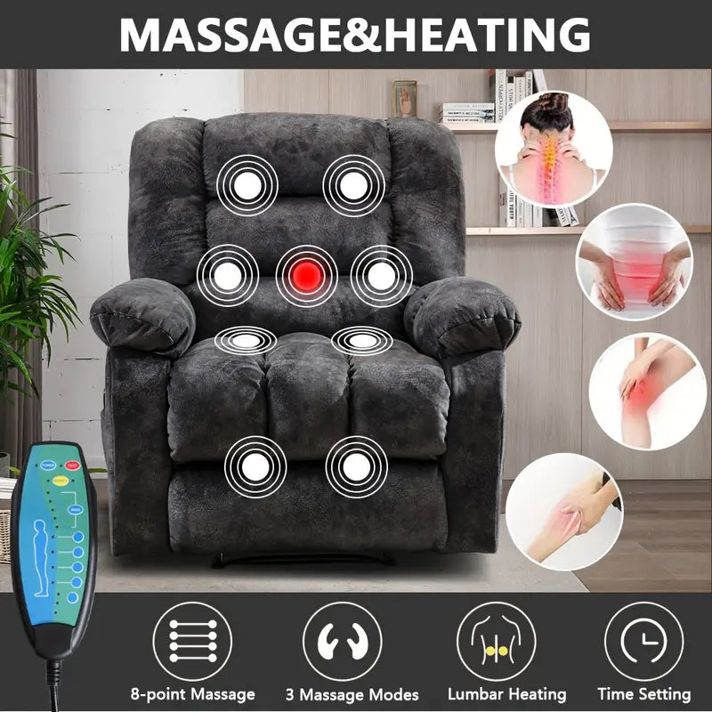 Manual Recliner Chair with Massage & Heating, Oversized Overstuffed Reclining Sofa with Side Pockets, for Living Room & Bedroom, Grey