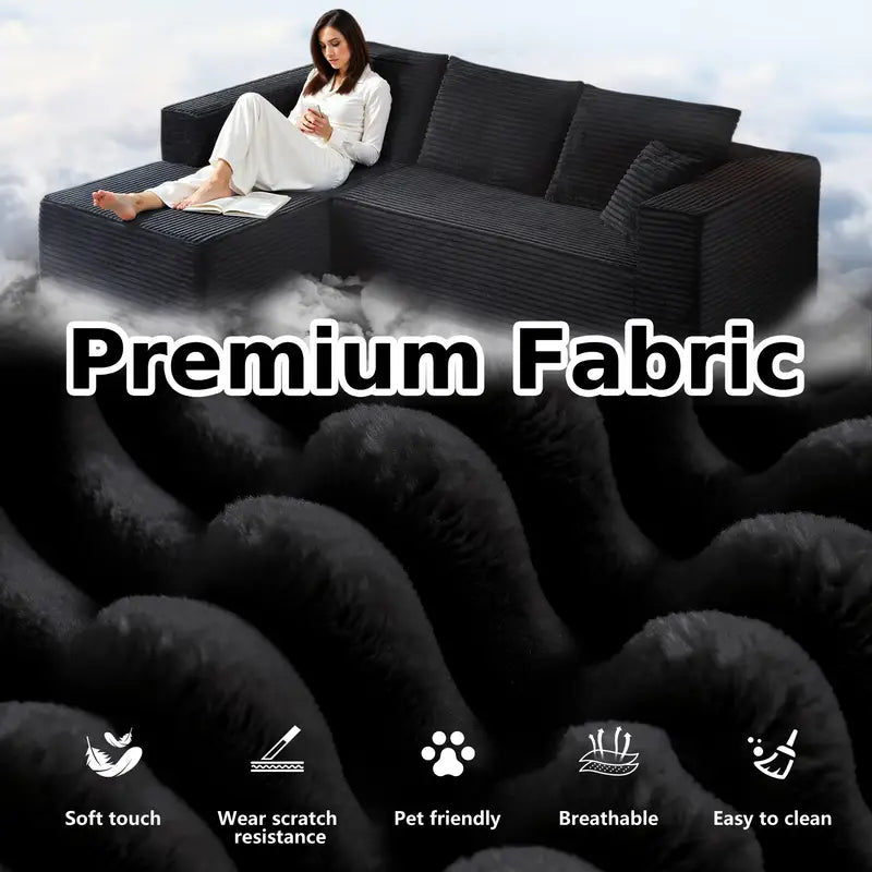 LIAROO Oversized L-Shaped Sectional Sofa with Chaise Lounge - Modular Cloud Design, Plush Corduroy Upholstery, Memory Foam Cushions & Boneless Construction, No Assembly Required, Black Contemporary Living Room Couch for Large Spaces