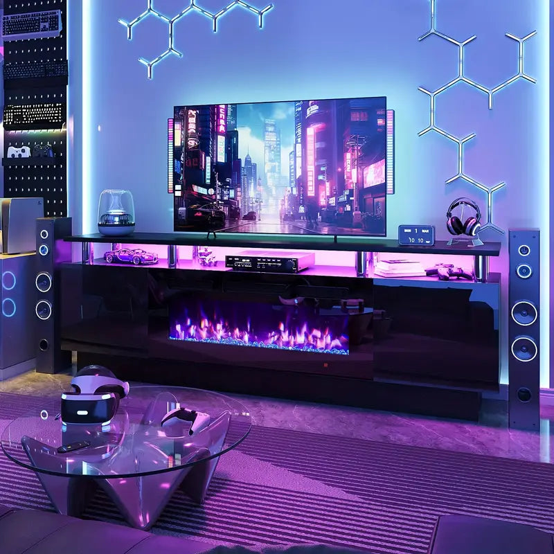 36" Electric Fireplace TV Stand with LED Lights - Modern High-Gloss Black Entertainment Center, Sturdy Stainless Steel & Engineered Wood, Closed Storage for TVs Up to 80", CSA/ETL Certified Heater with Overheat Protection