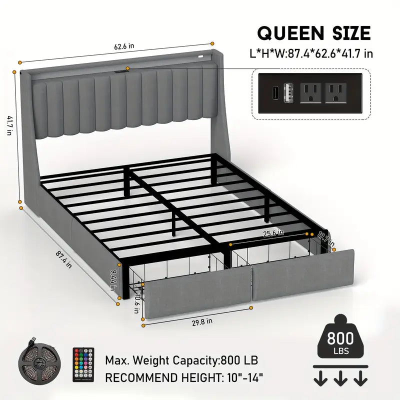 Full Queen King Bed Frame with 2 Storage Drawers And Luxury Wingback Upholstered Button Tufted Storage Headboard, Charging Station, Storage Headboard & LED Lights, Noise-Free-Dark Gray