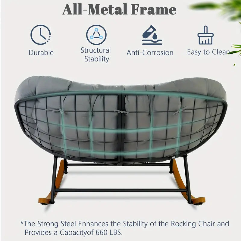 Rocking Chair Outdoor, Oversized Patio Furniture With Big Cushion, Manual Recliner, Painted Steel Frame, Cotton Filled, Perfect For Relaxing On Hard Floor, Rocking Chair On .