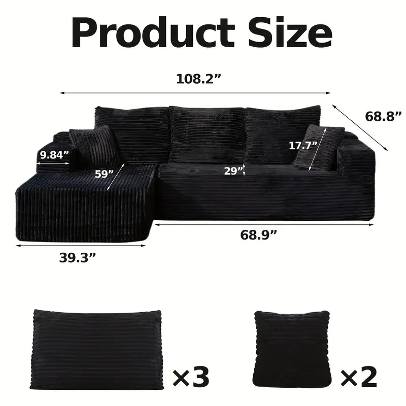 LIAROO Oversized L-Shaped Sectional Sofa with Chaise Lounge - Modular Cloud Design, Plush Corduroy Upholstery, Memory Foam Cushions & Boneless Construction, No Assembly Required, Black Contemporary Living Room Couch for Large Spaces