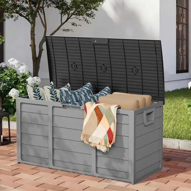 [Outdoor Storage Box] 75 Gallon Resin Outdoor Storage Box with Handles, Deck Storage Container with Handles for Pool Accessories, Garden Tools, Camping Gear, Easy to Assemble, Box,Cabinet,Rack for Outdoor Storage
