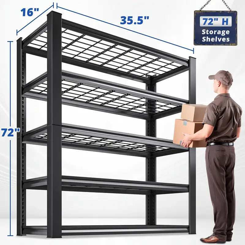 REIBII 3000LBS Heavy Duty Garage Shelving Unit - 72" H Adjustable 5-Tier Metal Storage Shelves, 600LB Capacity Per Tier, Easy 10-Min Assembly with Mallet & Gloves, Industrial Floor-Standing Rack