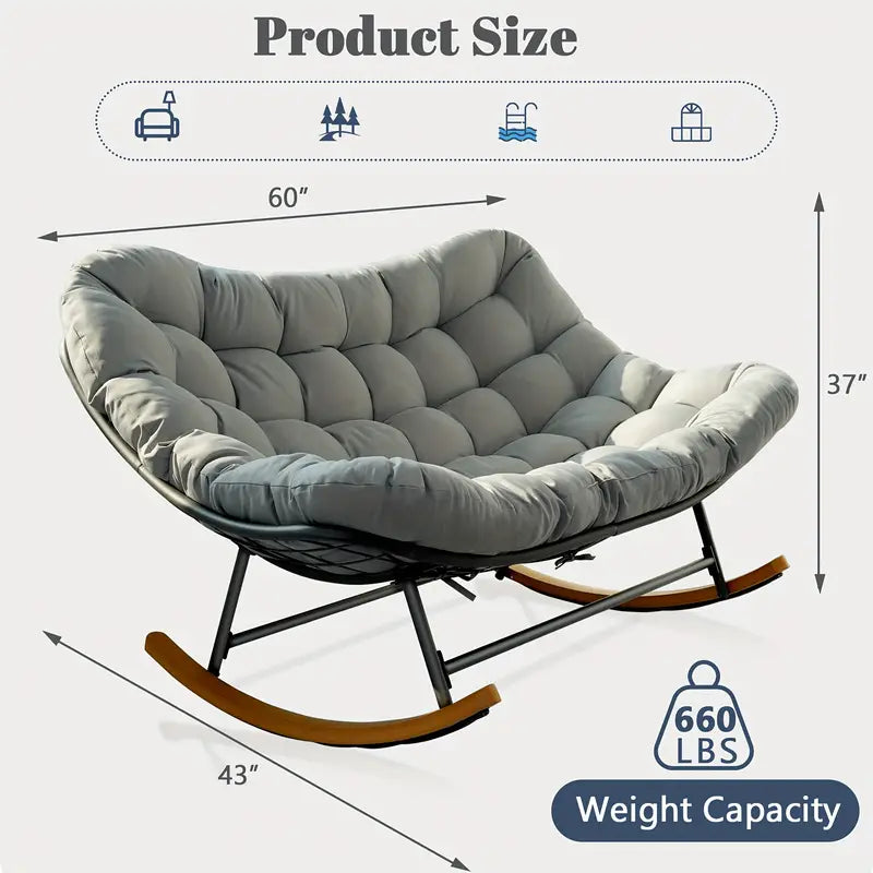 Rocking Chair Outdoor, Oversized Patio Furniture With Big Cushion, Manual Recliner, Painted Steel Frame, Cotton Filled, Perfect For Relaxing On Hard Floor, Rocking Chair On .