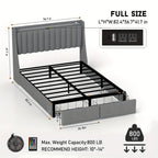 Full Queen King Bed Frame with 2 Storage Drawers And Luxury Wingback Upholstered Button Tufted Storage Headboard, Charging Station, Storage Headboard & LED Lights, Noise-Free-Dark Gray