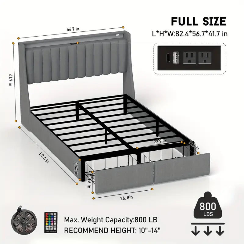 Full Queen King Bed Frame with 2 Storage Drawers And Luxury Wingback Upholstered Button Tufted Storage Headboard, Charging Station, Storage Headboard & LED Lights, Noise-Free-Dark Gray