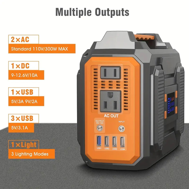 300W/100W Portable Power Station Solar Generator - 146Wh Compact Lithium-Ion Battery Charger With 110V AC Outlet, DC & USB Outputs, LED Flashlight