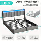Full Queen King Bed Frame with 2 Storage Drawers And Luxury Wingback Upholstered Button Tufted Storage Headboard, Charging Station, Storage Headboard & LED Lights, Noise-Free-Dark Gray