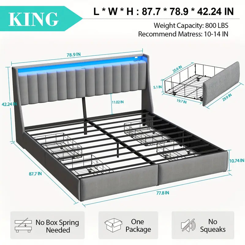 Full Queen King Bed Frame with 2 Storage Drawers And Luxury Wingback Upholstered Button Tufted Storage Headboard, Charging Station, Storage Headboard & LED Lights, Noise-Free-Dark Gray
