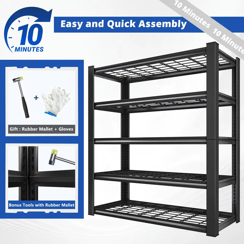 REIBII 3000LBS Heavy Duty Garage Shelving Unit - 72" H Adjustable 5-Tier Metal Storage Shelves, 600LB Capacity Per Tier, Easy 10-Min Assembly with Mallet & Gloves, Industrial Floor-Standing Rack