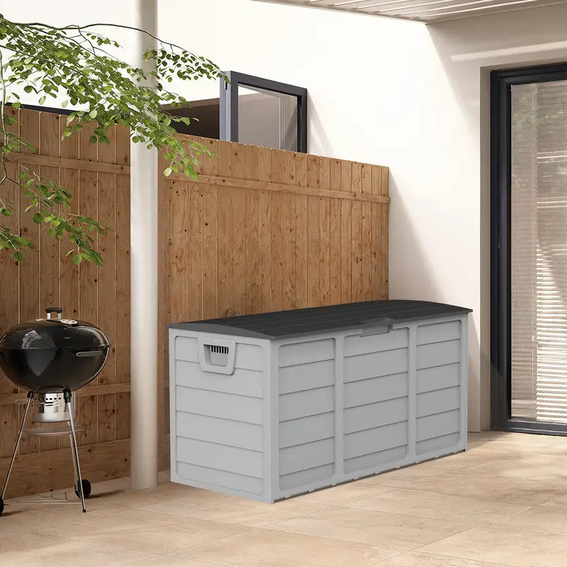 [Outdoor Storage Box] 75 Gallon Resin Outdoor Storage Box with Handles, Deck Storage Container with Handles for Pool Accessories, Garden Tools, Camping Gear, Easy to Assemble, Box,Cabinet,Rack for Outdoor Storage