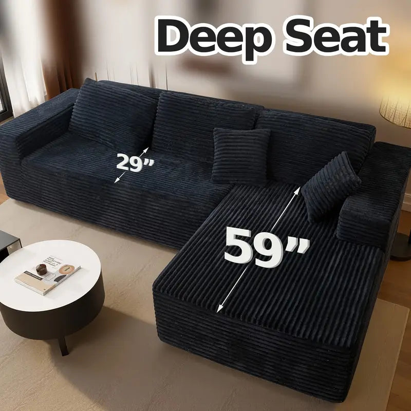 LIAROO Oversized L-Shaped Sectional Sofa with Chaise Lounge - Modular Cloud Design, Plush Corduroy Upholstery, Memory Foam Cushions & Boneless Construction, No Assembly Required, Black Contemporary Living Room Couch for Large Spaces