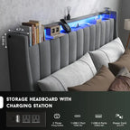 Full Queen King Bed Frame with 2 Storage Drawers And Luxury Wingback Upholstered Button Tufted Storage Headboard, Charging Station, Storage Headboard & LED Lights, Noise-Free-Dark Gray