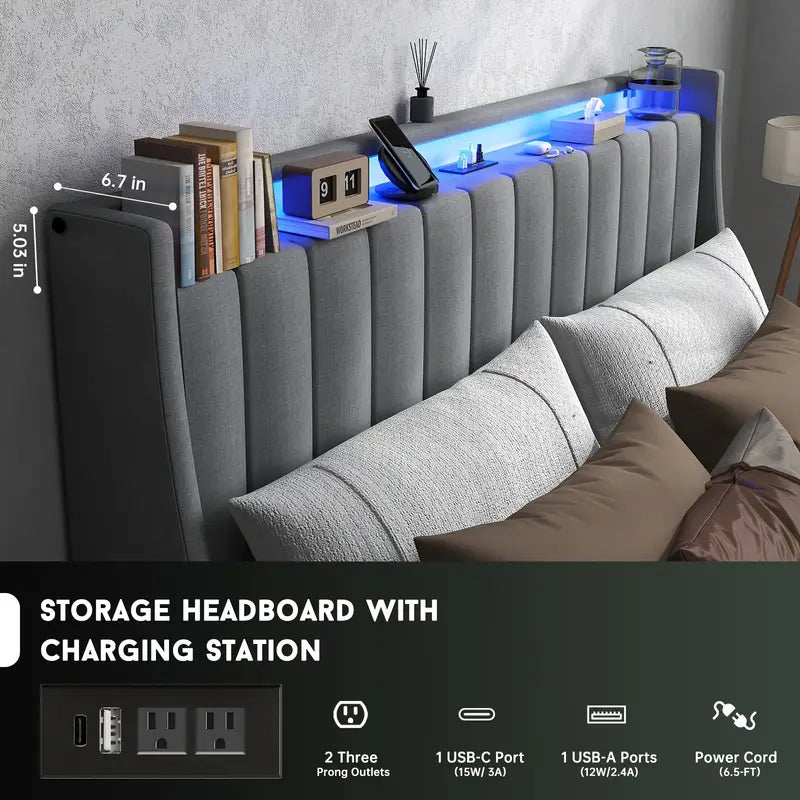 Full Queen King Bed Frame with 2 Storage Drawers And Luxury Wingback Upholstered Button Tufted Storage Headboard, Charging Station, Storage Headboard & LED Lights, Noise-Free-Dark Gray