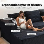 LIAROO Oversized L-Shaped Sectional Sofa with Chaise Lounge - Modular Cloud Design, Plush Corduroy Upholstery, Memory Foam Cushions & Boneless Construction, No Assembly Required, Black Contemporary Living Room Couch for Large Spaces