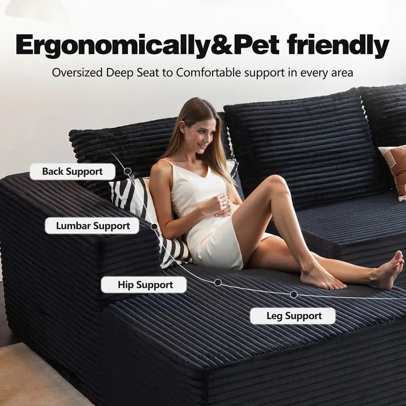 LIAROO Oversized L-Shaped Sectional Sofa with Chaise Lounge - Modular Cloud Design, Plush Corduroy Upholstery, Memory Foam Cushions & Boneless Construction, No Assembly Required, Black Contemporary Living Room Couch for Large Spaces