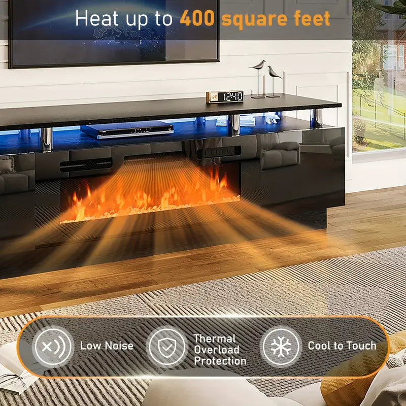 36" Electric Fireplace TV Stand with LED Lights - Modern High-Gloss Black Entertainment Center, Sturdy Stainless Steel & Engineered Wood, Closed Storage for TVs Up to 80", CSA/ETL Certified Heater with Overheat Protection