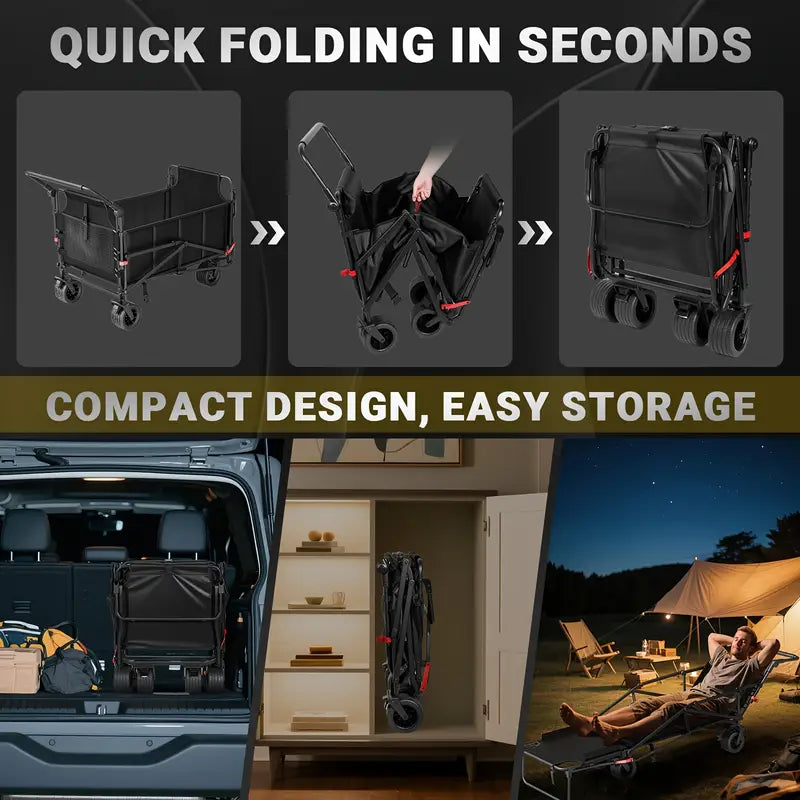 2-in-1 Multifunctional Folding Wagon Car, Convertible Beach Chair, 650LBS Large Capacity Wagon Car, Foldable Portable Grocery Wagon Car, Adjustable Backrest, All Terrain Travel Wagon Car Suitable for Grocery, Sports, Garden Shopping And Camping