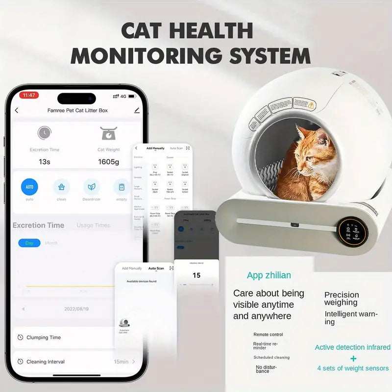 Self-Cleaning Cat Litter Box: Automatic Cat Litter Cleaning Large 17.17gal Space + Litter Bag, Without Battery