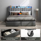 Full Queen King Bed Frame with 2 Storage Drawers And Luxury Wingback Upholstered Button Tufted Storage Headboard, Charging Station, Storage Headboard & LED Lights, Noise-Free-Dark Gray