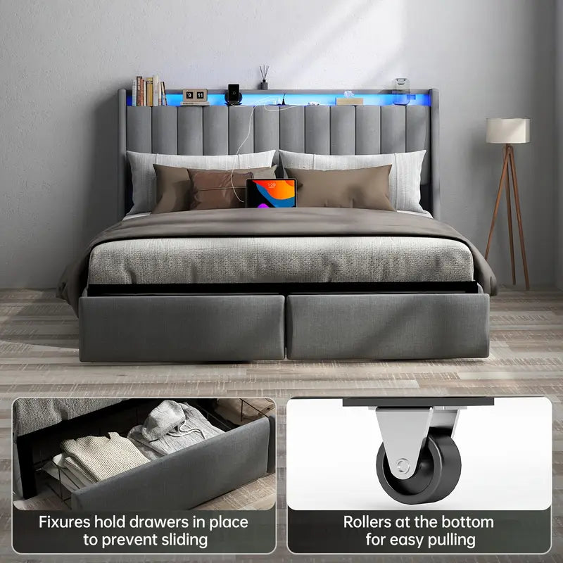 Full Queen King Bed Frame with 2 Storage Drawers And Luxury Wingback Upholstered Button Tufted Storage Headboard, Charging Station, Storage Headboard & LED Lights, Noise-Free-Dark Gray
