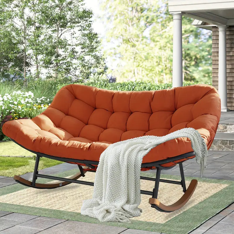 Rocking Chair Outdoor, Oversized Patio Furniture With Big Cushion, Manual Recliner, Painted Steel Frame, Cotton Filled, Perfect For Relaxing On Hard Floor, Rocking Chair On .